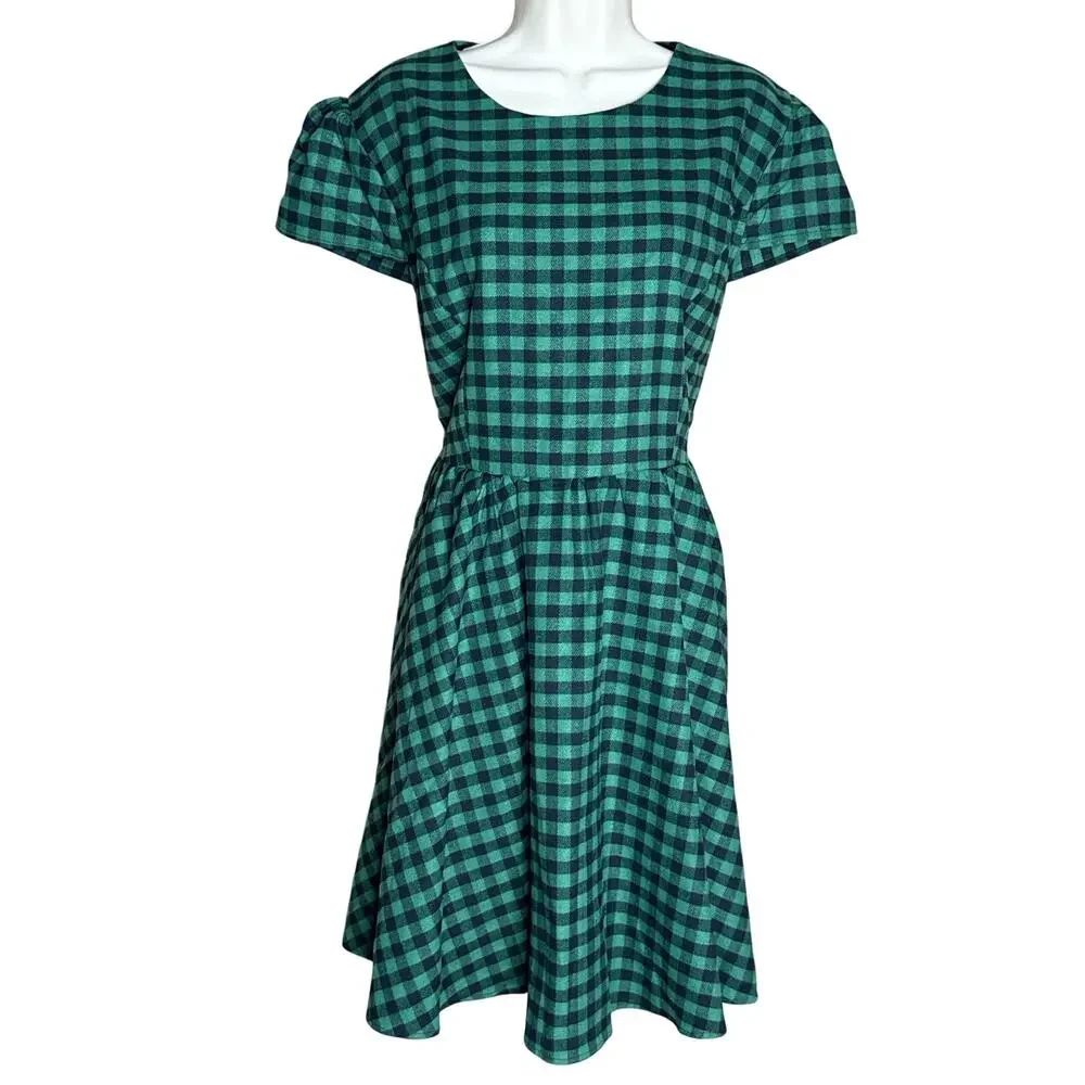 Tulip B By Unique Vintage Green Plaid Flannel Short Sleeve Swing Dress XL NWT